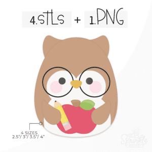 Clipart of a brown owl with a white tummy wearing black glasses holding a red apple and a yellow pencil.
