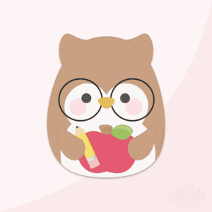 Clipart of a brown owl with a white tummy wearing black glasses holding a red apple and a yellow pencil.