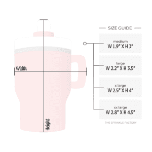 Clipart of a pink travel coffee or water mug with handle and white straw with size guide.