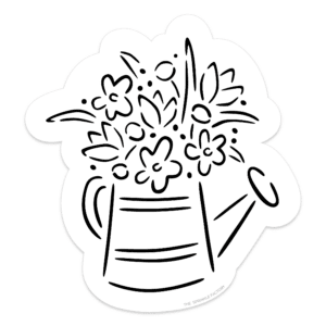 Clipart of a black and white line drawing of a watering can with flowers sticking out the top.