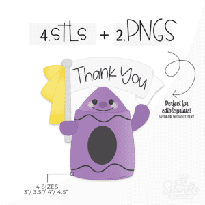 Clipart of a purple crayon with black details on the label wavying a grey banner with yellow tassel and the words Thank You in black written on the banner.