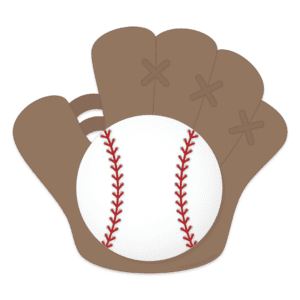 Clipart of a brown baseball glove holding a white baseball with red stitching.