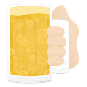 Clipart a hand holding a glass beer mug with a golden beer and bubble print.