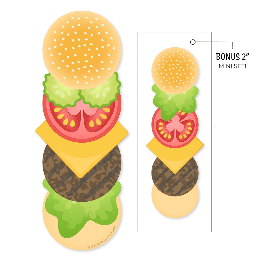 Clipart of a deconstructed cheese burger and mini cheese burger.