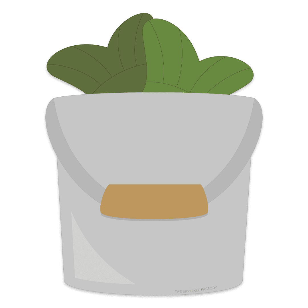 Clipart of a silver bucket with brown handle and two green fish tails sticking out the top.