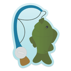 Clipart of a blue fishing rod with grey reel and brown handle with a black line and green fish attached to the end.