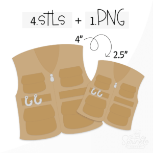 Clipart of a brown fishing vest with pockets and silver fish hooks and zipper.