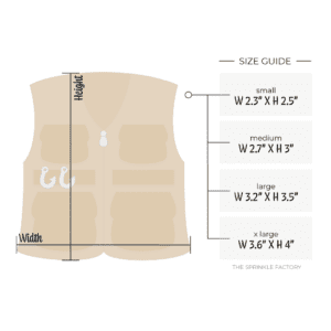 Clipart of a brown fishing vest with pockets and silver fish hooks and zipper with size guide.