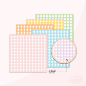 Clipart of gingham digital prints in pastel shades of pink, yellow, orange, green, purple and blue.