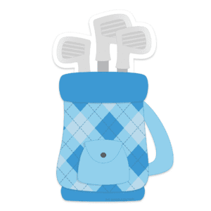 Clipart of a golf bag with blue argyle print on it and a sold blue pocket and strap with 3 grey clubs sticking out the top.