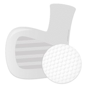 Clipart of a silver golf club head with a white golf ball.