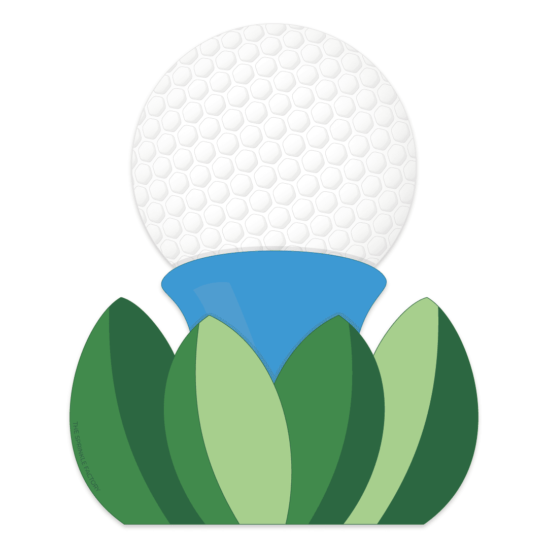 Clipart of a white golf ball with grey dimple pattern on it sitting on a blue tee in green grass blades.