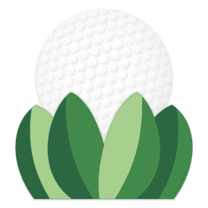 A white golf ball sitting in big blades of green grass in dark and light shades of green.