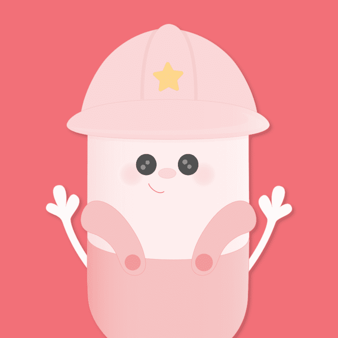 A pink sprinkle character with a pink hard hat and a red background.