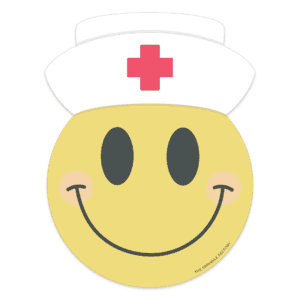 Clipart of a yellow smiley face with black smile and eyes wearing a white nurse cap with red cross.