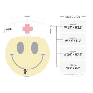 Clipart of a yellow smiley face with black smile and eyes wearing a white nurse cap with red cross with size guide.