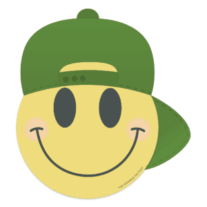 Clipart of yellow smiley face with black smile and eyes wearing a green backwards baseball cap.
