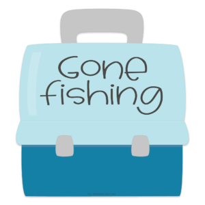 Clipart of a blue tackle box with a lighter blue lid with a grey handle and the words Gone Fishing on the top of the box in black lettering.