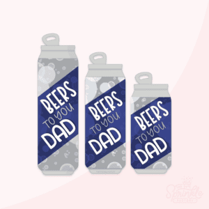 Clipart of 3 silver beer cans with blue label that says Beers To You Dad in white lettering with an overlay of a bubble print.