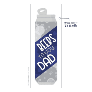 Clipart of a silver beer can with blue label that says Beers To You Dad in white lettering with an overlay of a bubble print.