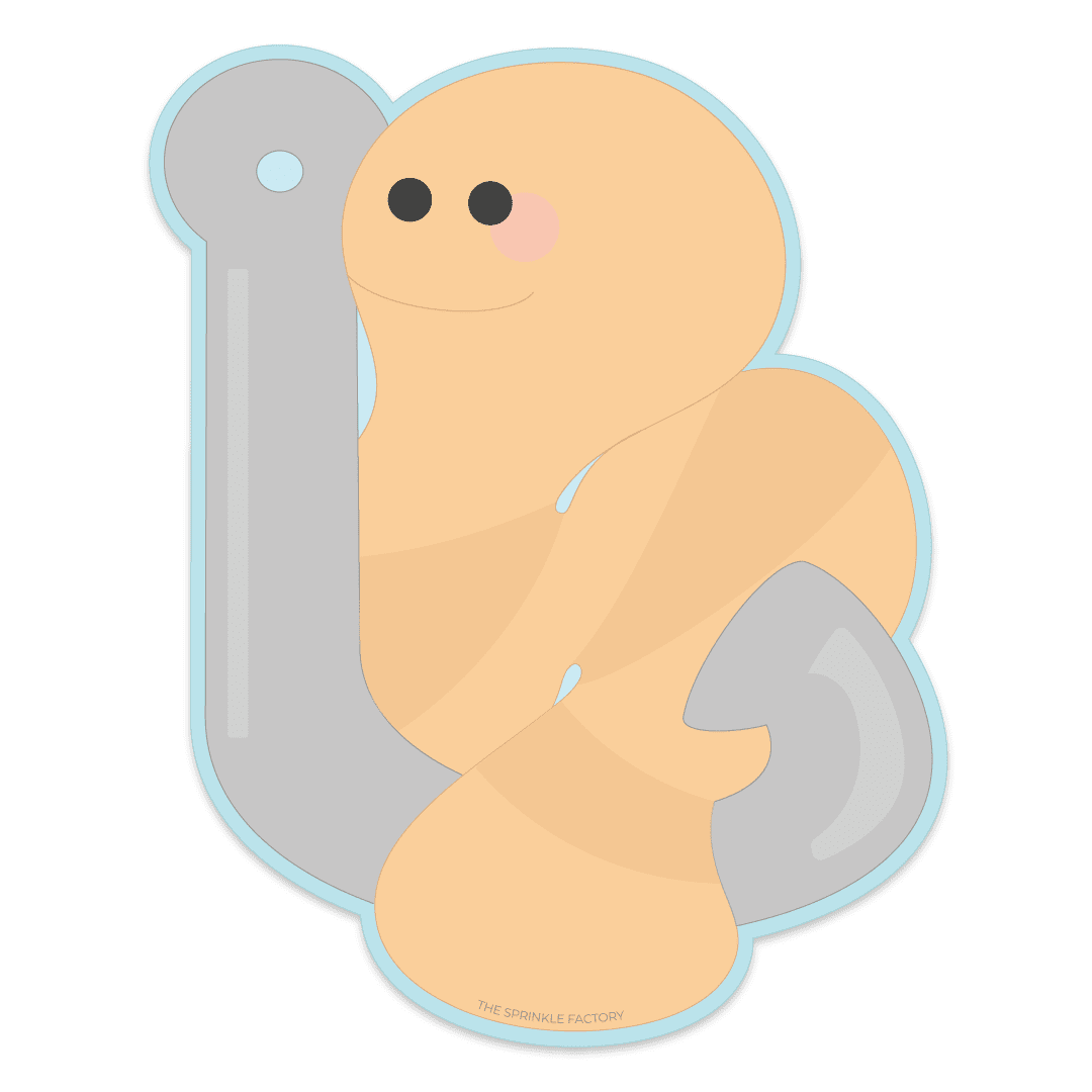 Clipart of peach and brown striped work sitting in a silver fish hook in front of a blue offset background.