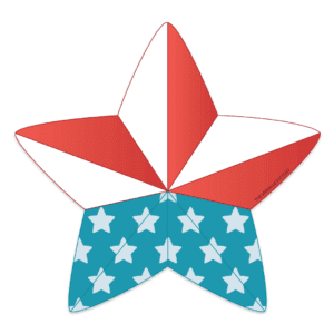 Clipart of an americana shaped star with red and white stripes on the top 3 points and blue with white stars on the bottom 2 points.