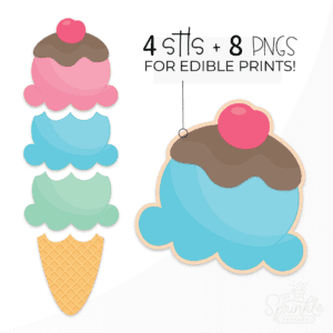 Clipart of a 3 scoop ice cream cone with a pink, green and blue scoop on top with brown chocolate sauce and a red cherry all on top of a golden classic cone.