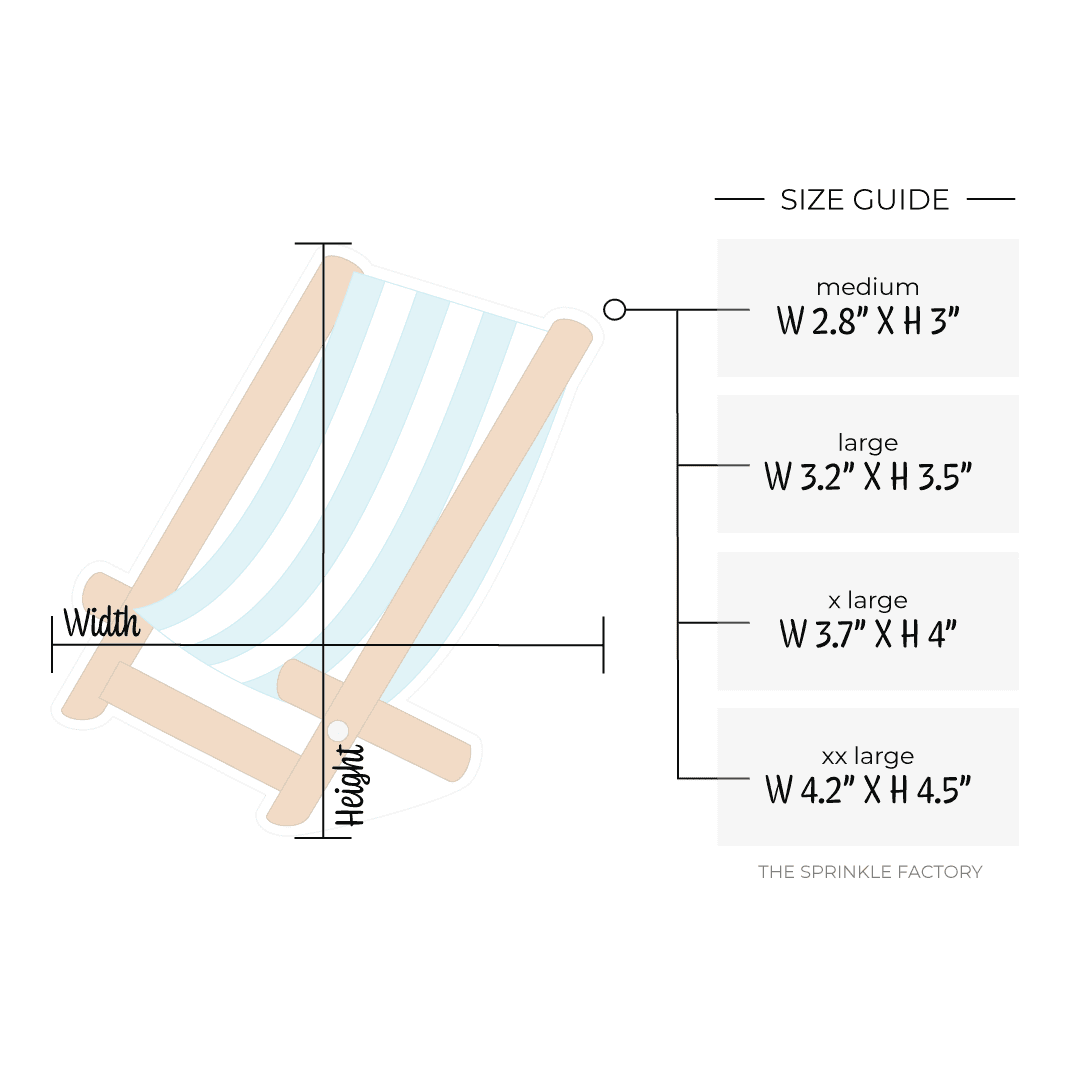 Clipart of a wood frame canvas beach chair with light blue and white stripes with size guide.