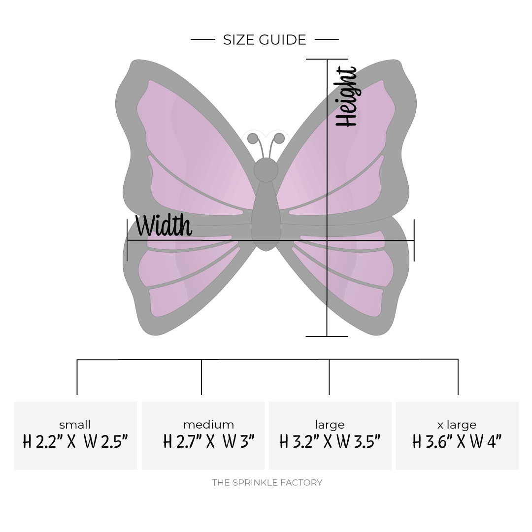Clipart of a purple and black butterfly with size guide.