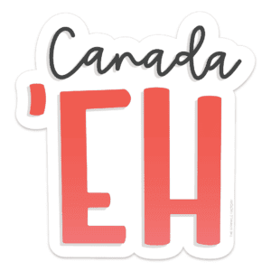 Clipart of big red letters spelling EH with the word Canada in black cursive lettering above it.