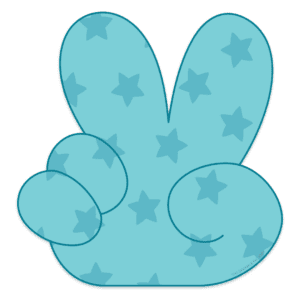 Clipart of a blue hand with a blue star print holding up two fingers making a peace sign.