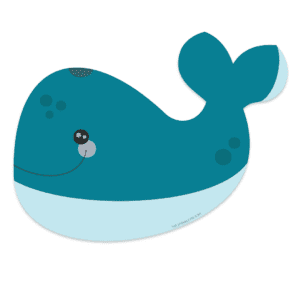 Clipart of a dark blue whale with a light blue stomach, darker blue spots and a smile.