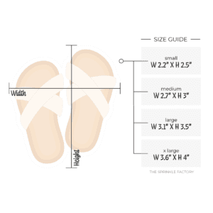 Clipart of tan leather soled sandals with cross over cream coloured straps with size guide.