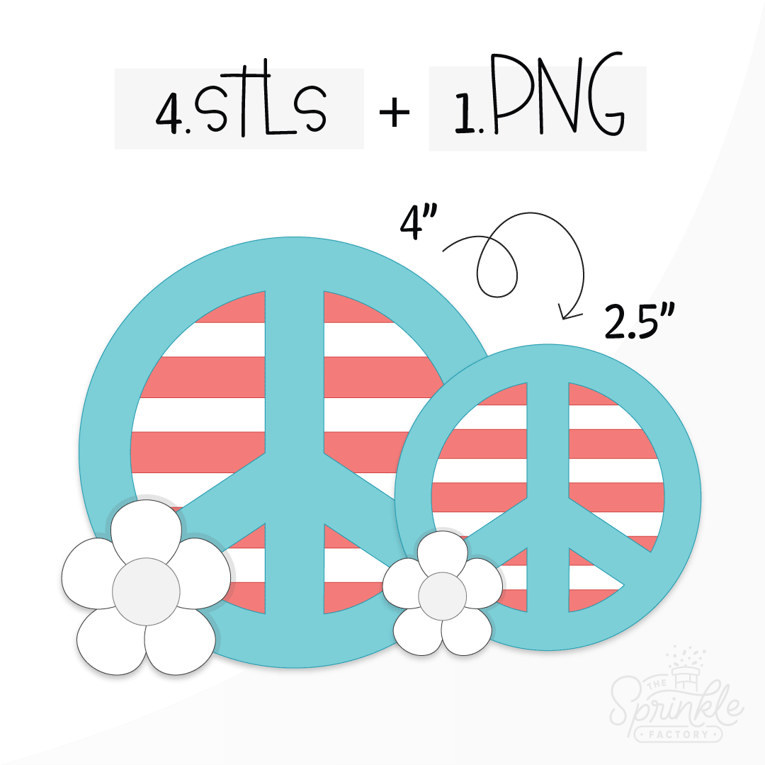 Clipart of a light blue peace sign with a red and white stripe behind with a small white daisy with grey centre at the bottom left.