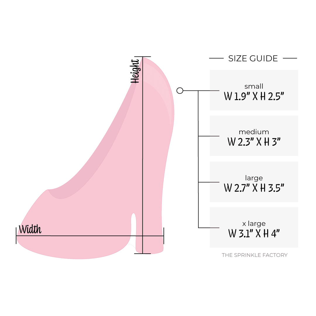 Clipart of a darker pink doll size high heel shoe with size guide.