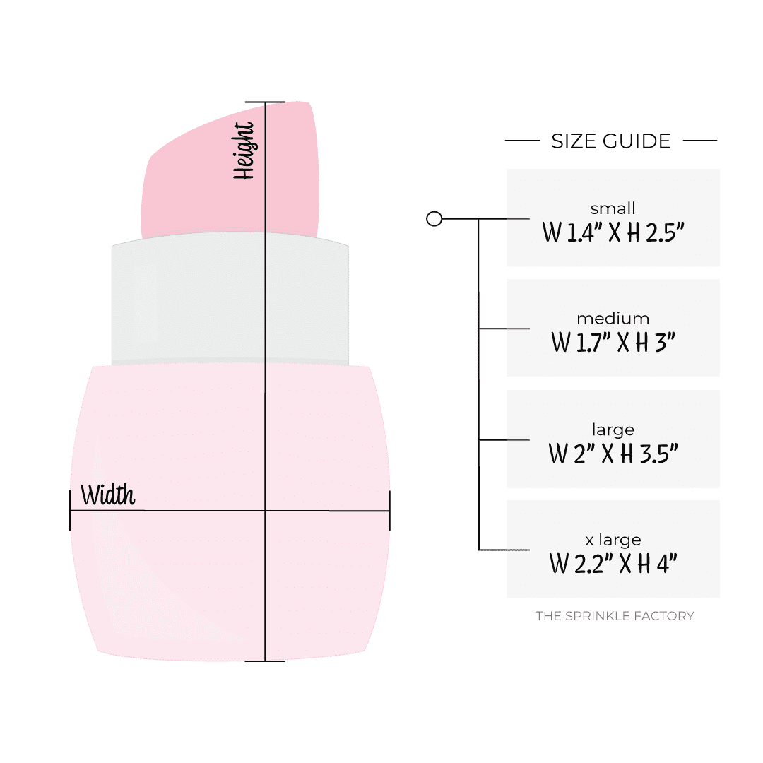 Clipart of a dark pink lipstick in a lighter pink and grey tube with size guide.