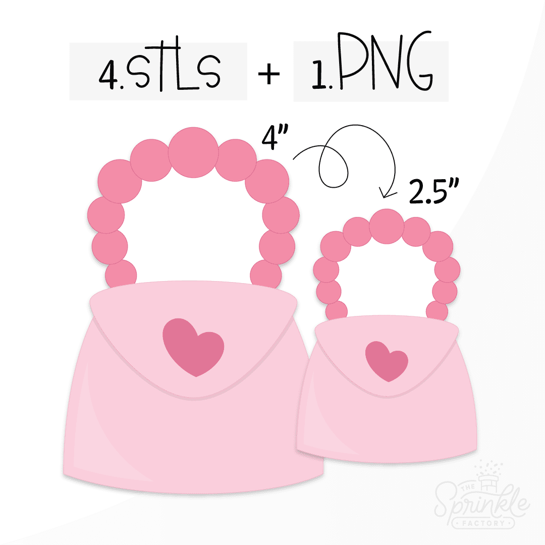 Clipart of a small pink purse with pink heart clasp and a darker pink big beaded handle.