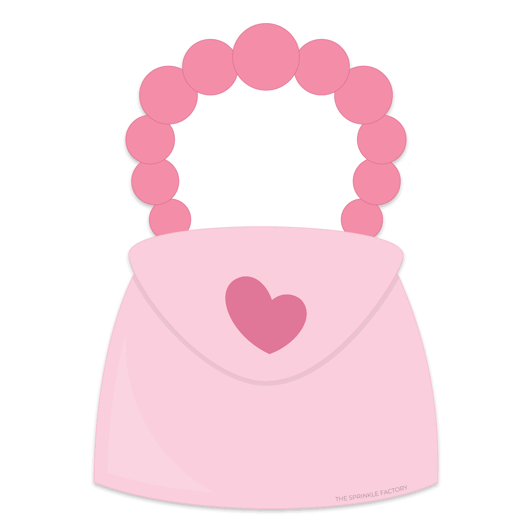 Clipart of a small pink purse with pink heart clasp and a darker pink big beaded handle.