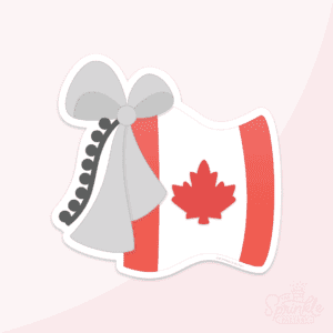 Clipart of a waving Canadian flag with a grey bow and darker grey pom pom tassel hanging from the top left corner.