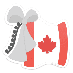 Clipart of a waving Canadian flag with a grey bow and darker grey pom pom tassel hanging from the top left corner.