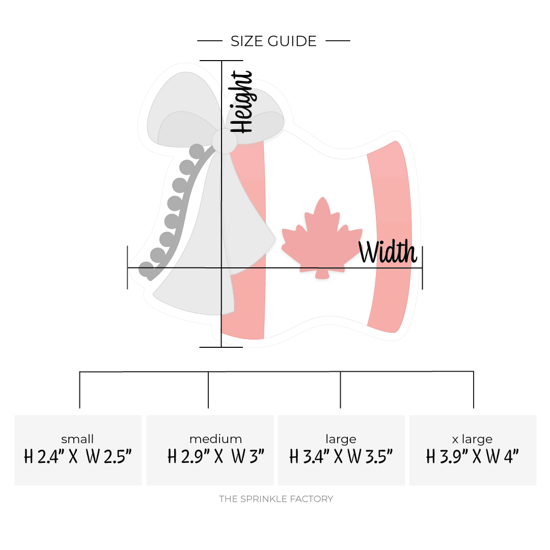 Clipart of a waving Canadian flag with a grey bow and darker grey pom pom tassel hanging from the top left corner with size guide.