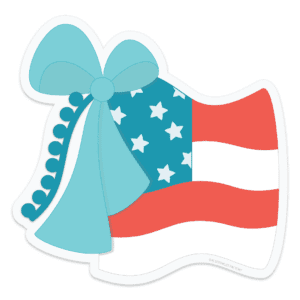 Clipart of a waving American flag with a blue bow and darker blue pom pom tassel hanging from the top left corner.