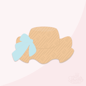 Clipart of a brown woven wavy brim beach hat with a light blue bow.