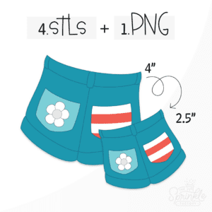 Clipart of blue jean shorts with a light blue pocket on the left with white daisy and a red and white stripped pocket on the right.