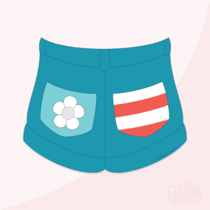 Clipart of blue jean shorts with a light blue pocket on the left with white daisy and a red and white stripped pocket on the right.