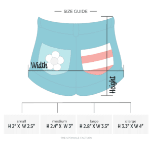 Clipart of blue jean shorts with a light blue pocket on the left with white daisy and a red and white stripped pocket on the right with size guide.