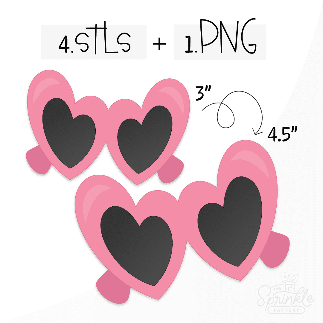 Clipart of pink framed heart shaped sunglasses with black lenses.