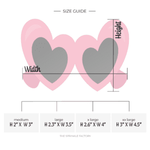Clipart of pink framed heart shaped sunglasses with black lenses with size guide.