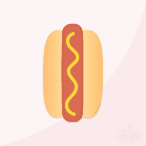 Clipart of the top view of a hot dog with a golden bun and mustard on the dog.