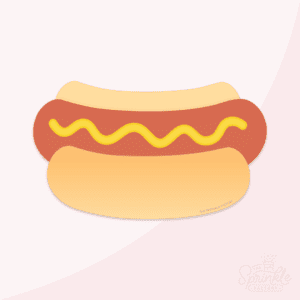 Clipart of the side view of a hot dog with a golden bun and mustard on the dog.